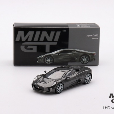 Miniatura carro preto metálico Jaguar C-X75 Test Car Mini GT com caixa