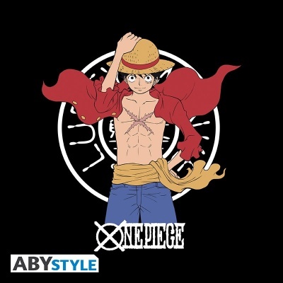 Personagem Monkey D. Luffy da One Piece com chapéu de palha e roupas coloridas sobre fundo preto com logo