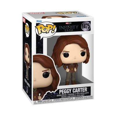 Funko Pop de Peggy Carter na caixa com design Marvel Studios INFINITY SAGA número 1475