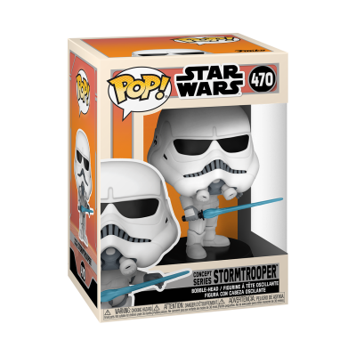 Boneco POP! Star Wars Stormtrooper na embalagem com fundo laranja e transparente
