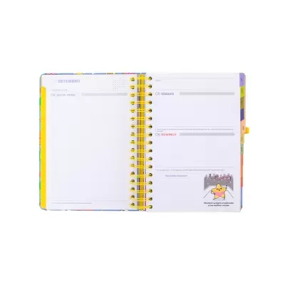 Agenda semanal aberta com espiral amarelo e páginas com datas e separadores coloridos