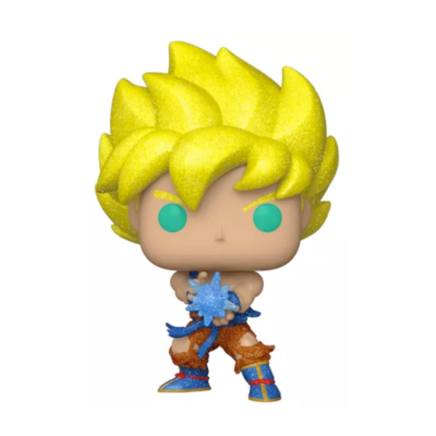 Figura Funko Pop personagem cabelos amarelos, roupa azul e laranja, segurando esfera azul