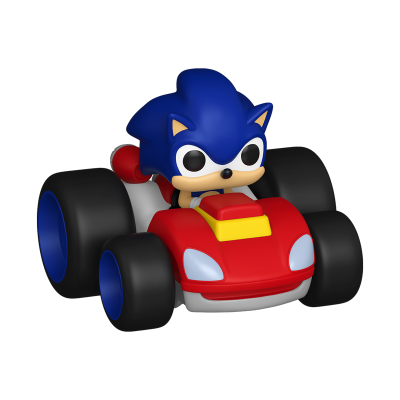 Brinquedo de Sonic em carro de corrida vermelho com rodas largas pretas e azuis