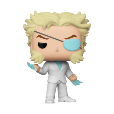 Figura colecionável Funko Pop com fato branco e tapa-olho azul