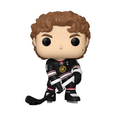 Boneco Funko Pop jogador de hóquei com uniforme preto e stick de hóquei.