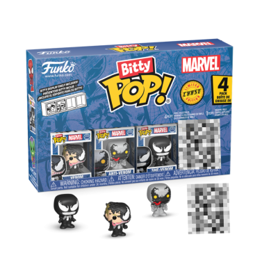 Caixa de coleção Funko Bitty Pop! Marvel com quatro mini figuras de vinil e personagens visíveis em fundo branco