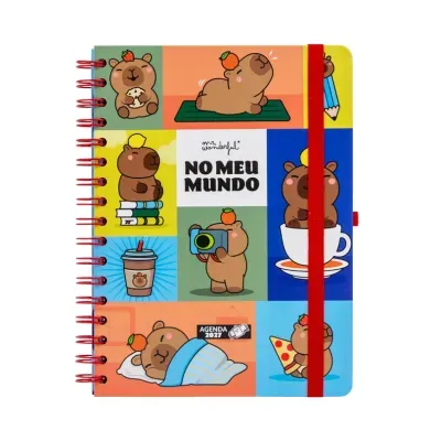 Agenda 2027 colorida com desenhos de ursos e textos NO MEU MUNDO e AGENDA 2027