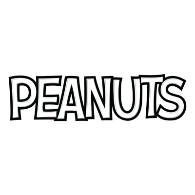Palavra PEANUTS em letras brancas com contorno preto