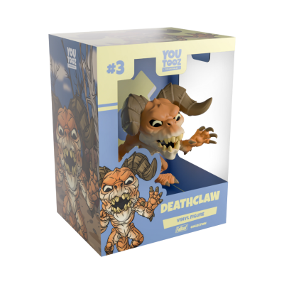 Figura de vinil Deathclaw da coleção Fallout na caixa da marca Youtooz