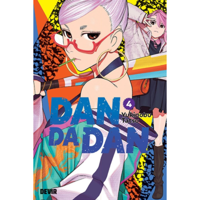 Capa do manga DAN DA DAN, volume 4, com duas personagens em fundo colorido