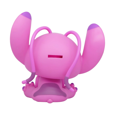 Figura rosa de plástico com orelhas grandes e detalhes lilás vista de costas