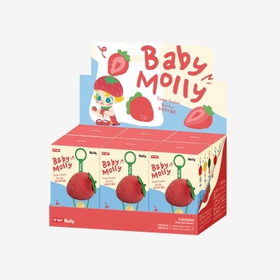 Caixa de exposição com embalagens Baby Molly da POP MART com imagens e texto em azul e creme