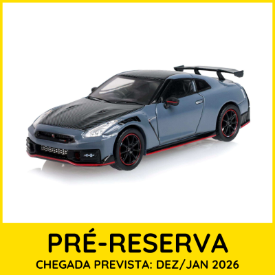 Miniatura de carro desportivo cinzento com detalhes vermelhos e spoiler preto