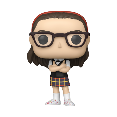 Figura colecionável tipo Funko Pop com saia xadrez e óculos