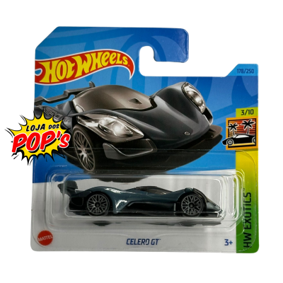 Carro miniatura Hot Wheels Celero GT preto em embalagem azul e amarelo