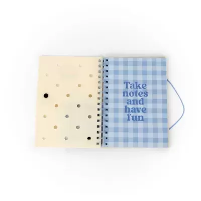Caderno espiral com capa xadrez azul e frase Take notes and have fun e contracapa amarela com furos redondos
