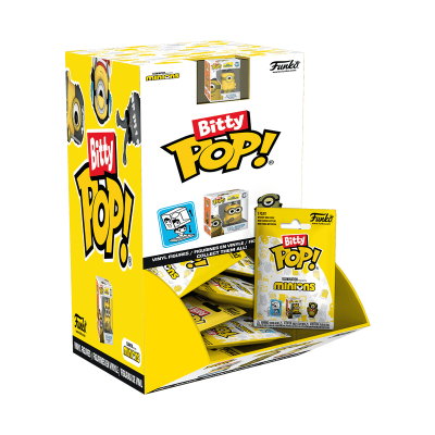Expositor amarelo Bitty Pop! da Funko com embalagens de figuras colecionáveis dos Minions