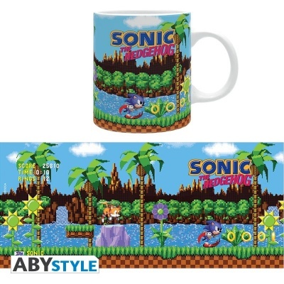 Caneca branca decorada com tema do jogo Sonic the Hedgehog colorido
