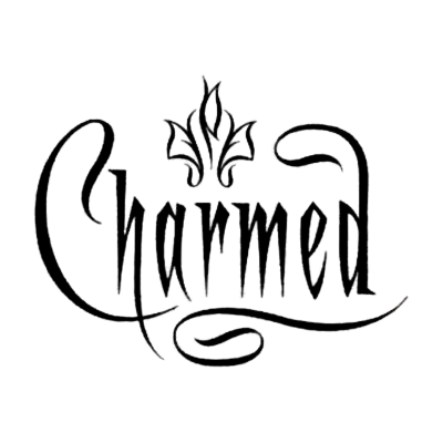 Palavra Charmed em fonte estilizada preta com desenho decorativo e linha curva