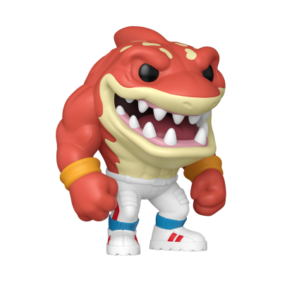 Figura Funko Pop de réptil musculado vermelho com calças e ténis brancos.