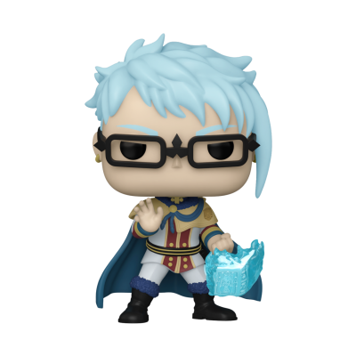 Figura Funko Pop com cabelo azul claro e óculos pretos segurando um livro azul.