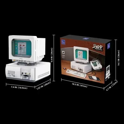 Computador retro branco com monitor, teclado, rato e caixa da coleção Retro da PanTasy sobre fundo preto