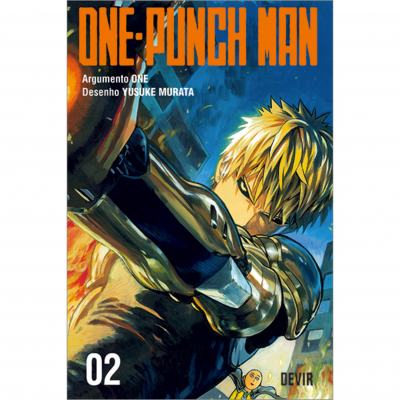 Capa do livro ONE-PUNCH MAN Volume 02 com personagem loiro e armadura metálica
