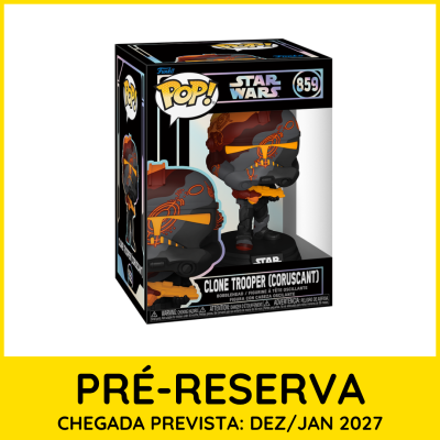 Figura Funko Pop! Star Wars Clone Trooper Coruscant na caixa com aviso de pré-reserva.