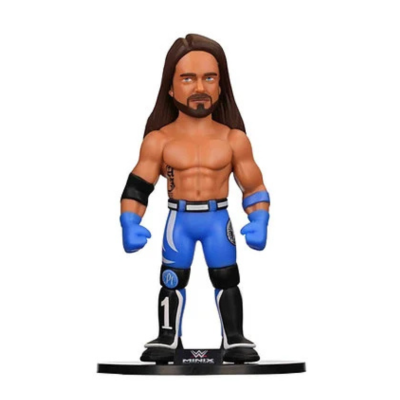 Figura colecionável de lutador WWE Mini X com calças azuis e pretas e base preta