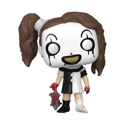Figura Funko Pop com vestido preto e branco e rato na mão