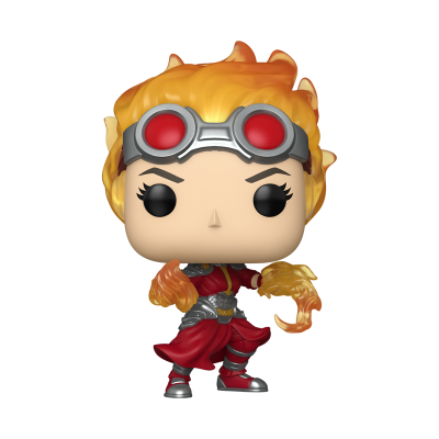 Figura de vinil estilo Funko Pop com cabelo laranja e roupa vermelha segurando chamas