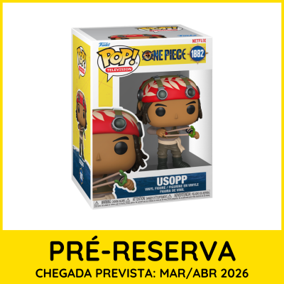 Figura Funko Pop! Usopp One Piece em caixa com fundo amarelo e texto de pré-reserva