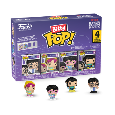 Conjunto de 4 figuras de vinil Bitty Pop! K-Pop Demon Hunters em caixa roxa.