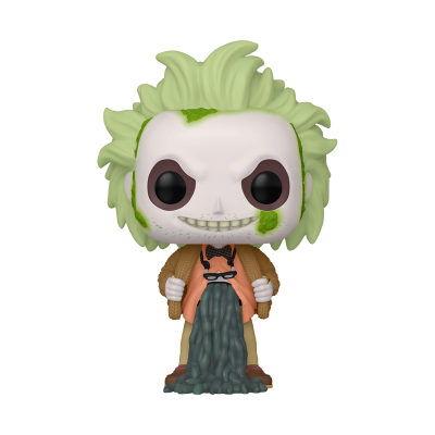 Figura Funko Pop com cabelo verde claro, rosto branco manchado, roupa laranja e bege, em base preta e cinzenta.