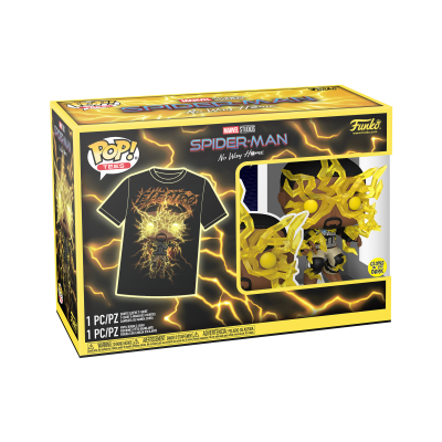 Embalagem POP! TEES Funko Spider-Man No Way Home com t-shirt preta e figura Funko Pop amarela