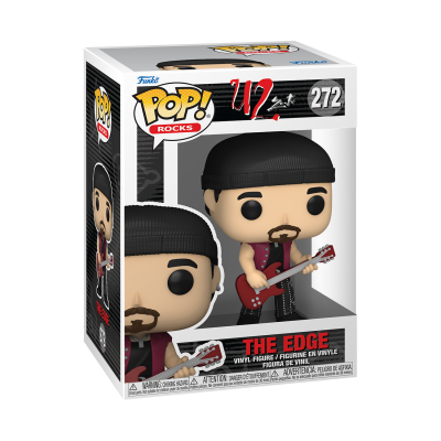 Boneco Funko Pop! Rocks The Edge de vinil na caixa com guitarra vermelha