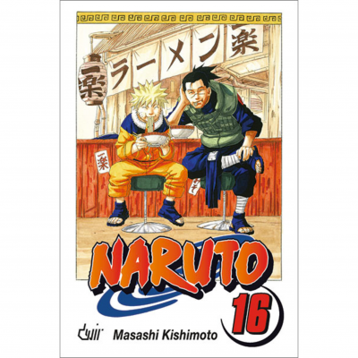 Capa do manga Naruto volume 16 com dois personagens na frente de restaurante de ramen.