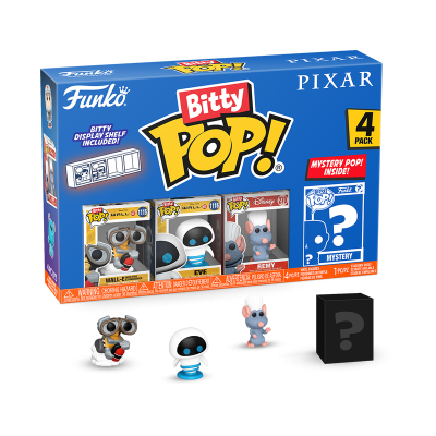 Caixa Funko Bitty Pop Pixar com 4 figuras em vinil e estante de exposição incluída