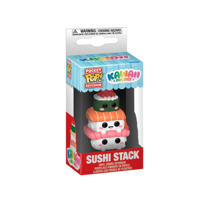 Chaveiro vinyl Sushi Stack com três peças de sushi kawaii em embalagem colorida