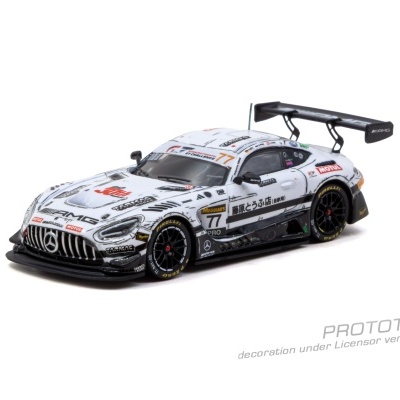 Miniatura de carro de corrida Mercedes-AMG GT3 branco com adesivos e asa traseira preta