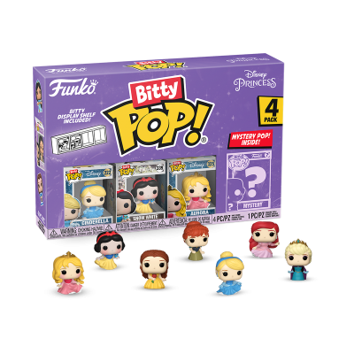 Caixa Funko Bitty Pop Disney Princess de coleção com quatro figuras pequenas e seis mini figuras ilustradas.