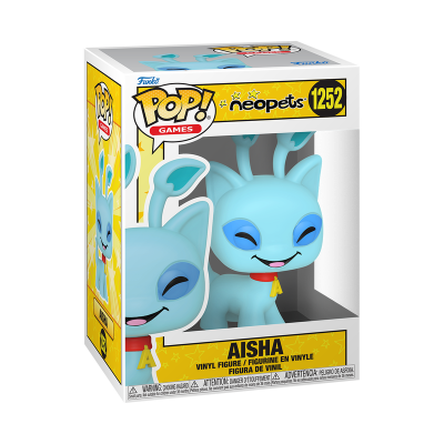 Figura Funko Pop! Aisha Neopets de vinil azul na caixa amarela e branca número 1252