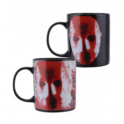 Duas canecas metálicas pretas com máscara de hóquei vermelha e branca