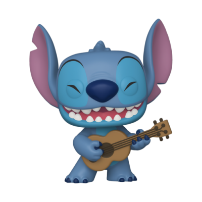 Boneco vinil Stitch azul segurando ukulele castanho sorridente