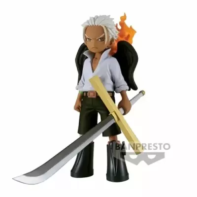 Figura de ação personagem com cabelo branco e espada, asas negras com fogo