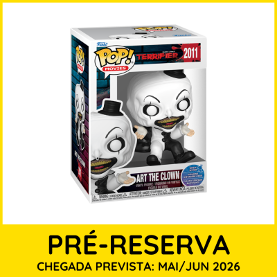 Figura Funko Pop! Art the Clown de vinil na caixa com pré-reserva em fundo branco e amarelo.