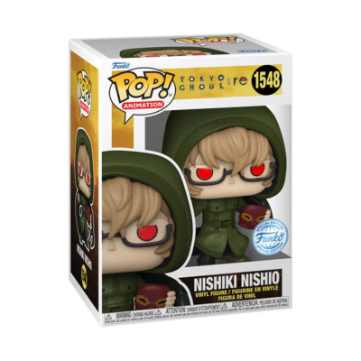 Figura Funko Pop! de Nishiki Nishio com capuz e olhos vermelhos dentro de caixa da coleção Tokyo Ghoul