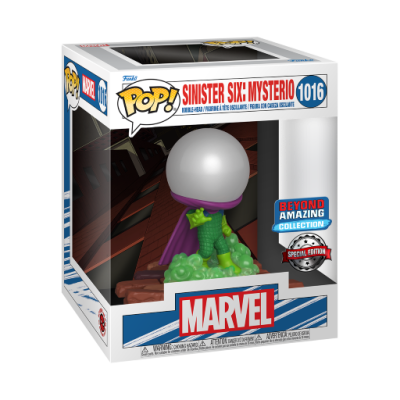 Funko Pop Mysterio Sinister Six 1016 com capacete branco e capa roxa na caixa.