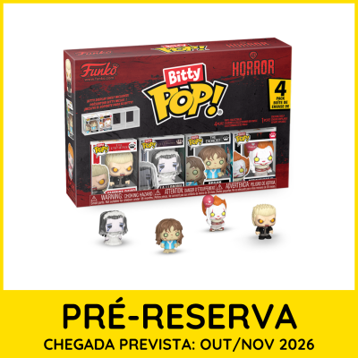 Caixa Funko Bitty Pop! Horror com 4 mini figuras e fundo branco com faixa amarela de pré-reserva