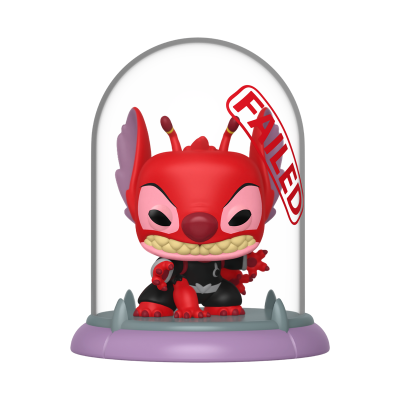 Figura colecionável vermelha dentro de cúpula de vidro com base lilás e texto FAILLED.
